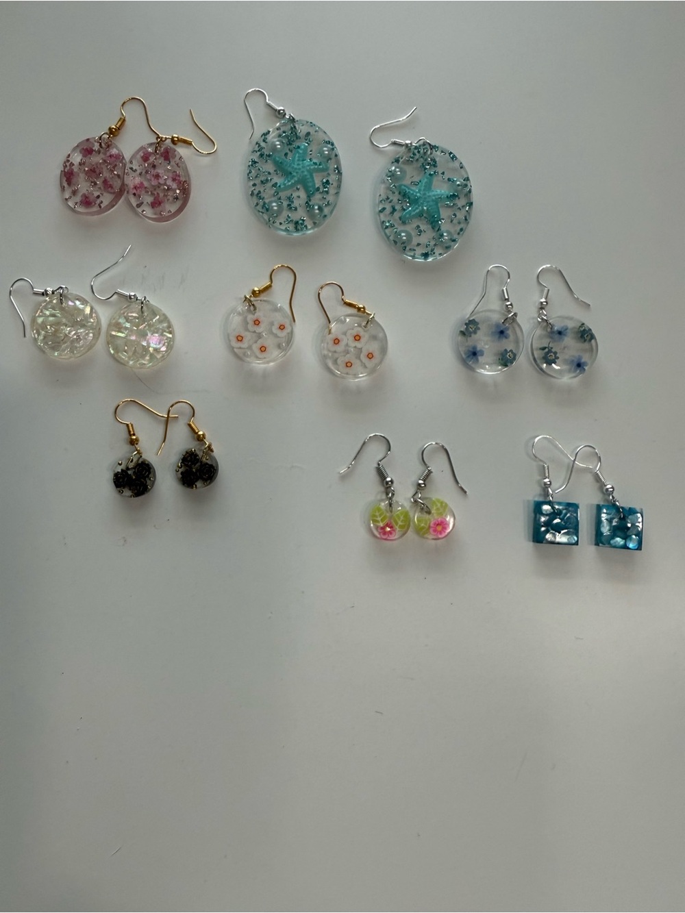 Handmade Resin Floral and Starfish Drop Earrings - Blue, Pink, Clear